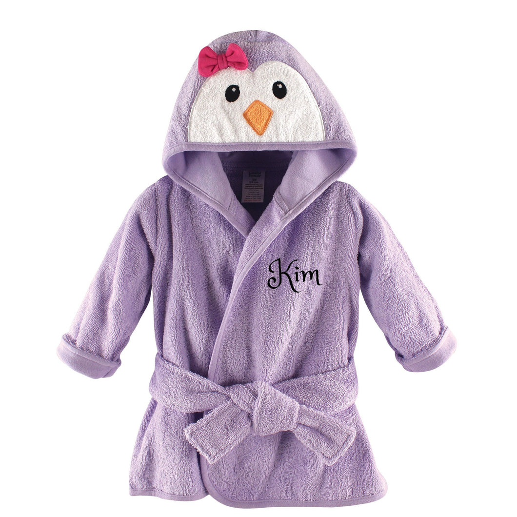 Personalized Hebrew Name Terry Bathrobe Purple Penguin -FREE Shipping