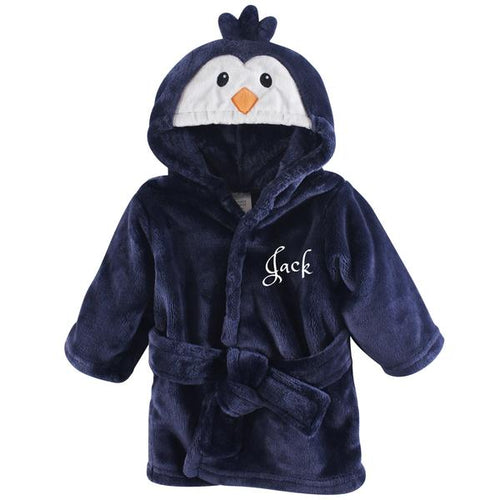 Personalized Hebrew Name Plush Baby Bathrobe -Blue Penguin