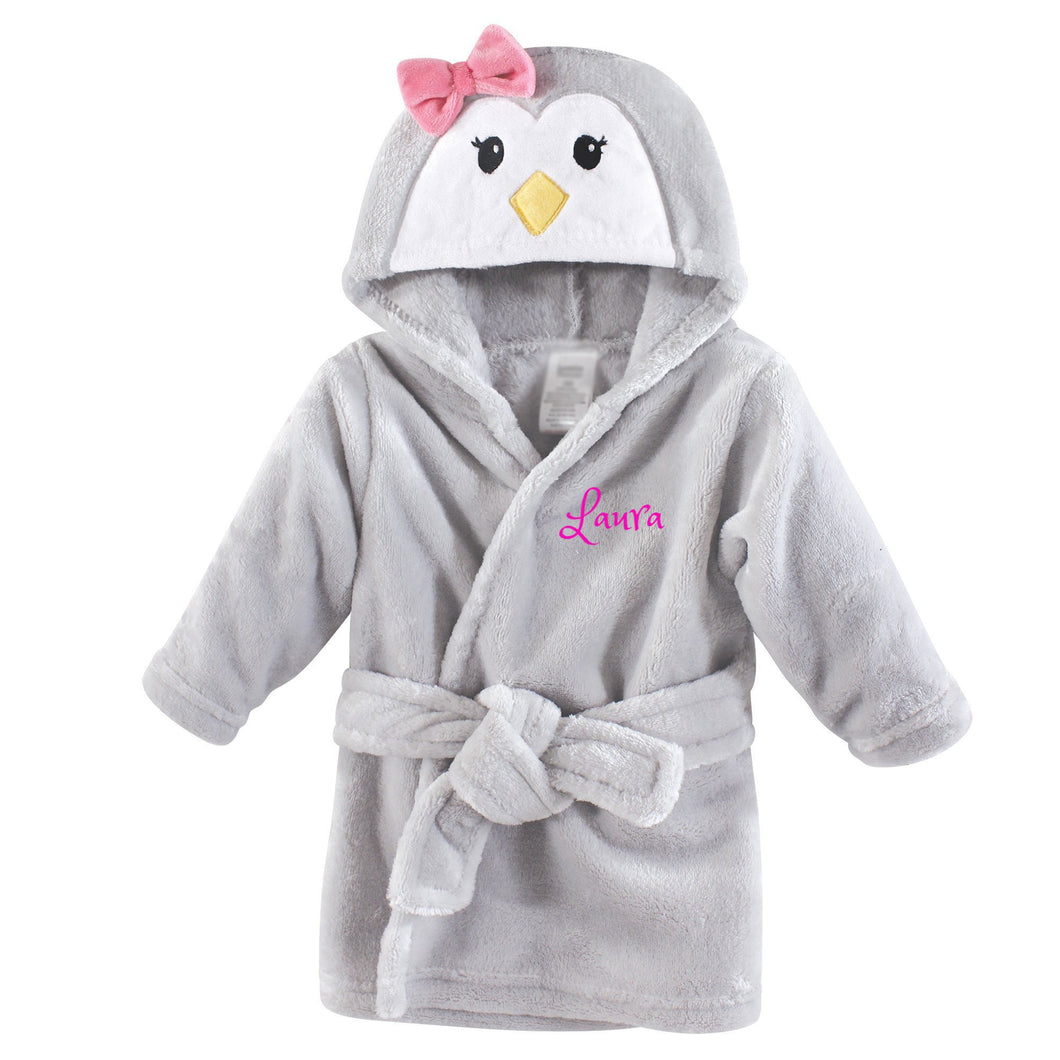 Personalized Hebrew Name Plush Baby Bathrobe -Girl Penguin