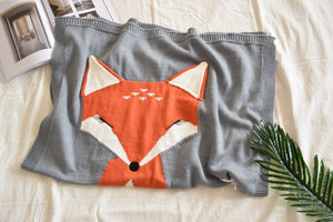 Personalized Knitted 100% Cotton FOX Blanket -Grey