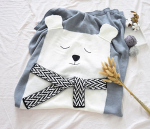 Personalized Knitted 100% Cotton Bear Blanket -Grey