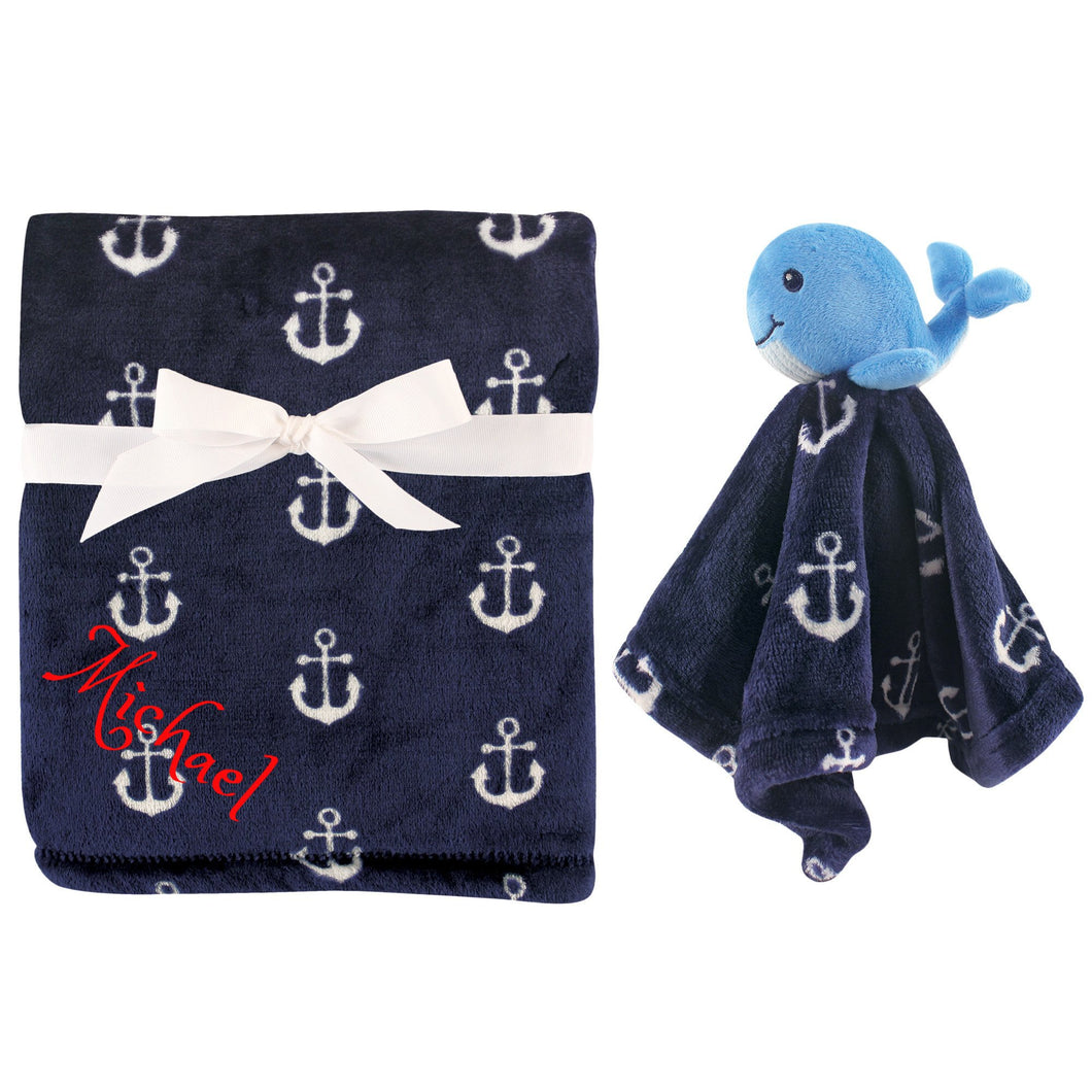 Personalized Hebrew Name Animal Blanket & security blanket Set For Baby - Blue WHALE - FREE Shipping