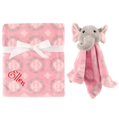 Personalized Hebrew Name Animal PINK Blanket & security blanket Set For Baby - Elephant
