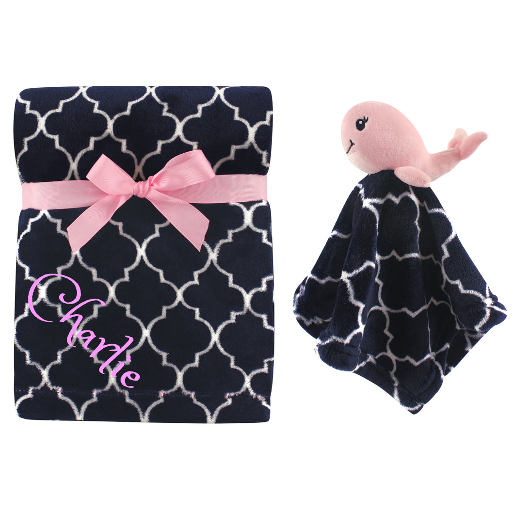 Personalized Hebrew Name Animal Blanket & security blanket Set For Baby - Pink WHALE - FREE Shipping