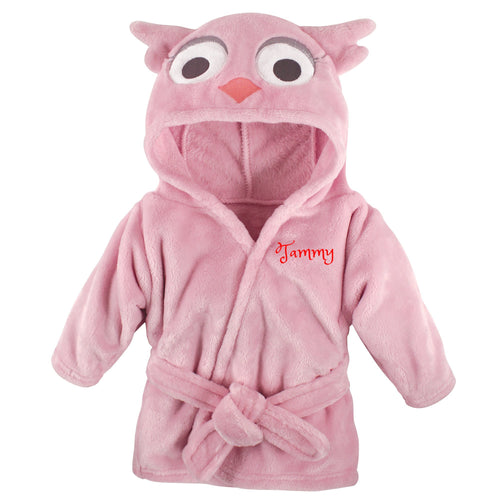 Personalized Hebrew Name Plush Baby Bathrobe -Pink Owl -FREE Shipping