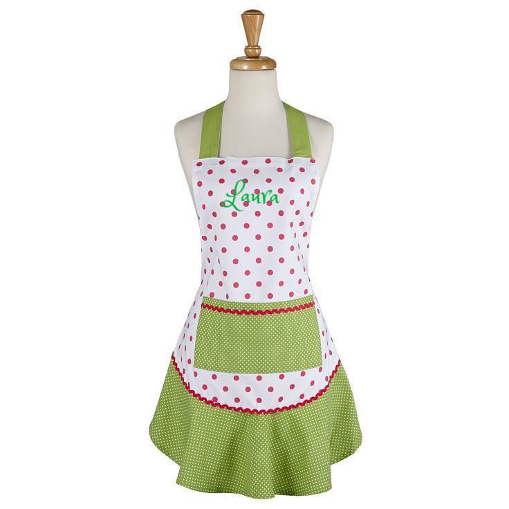 Personalized Hebrew Name Pink & Green Polka Dot Ruffle Apron - FREE Shipping