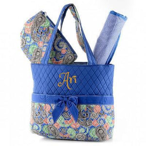 Personalized Hebrew Name Patterned QUILTED 3 Pieces Diaper Bag Set | BLUE | FREE Shipping