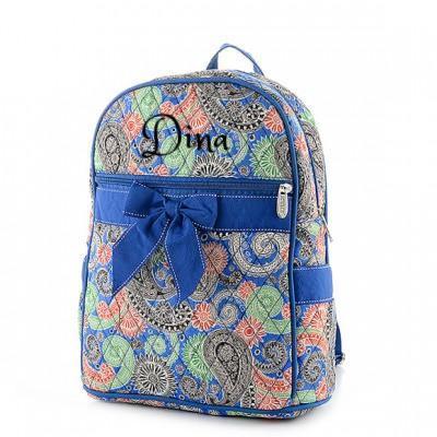 Personalized Hebrew Name QUILTED Paisley Print Zippered Backpack | Blue | FREE Shipping