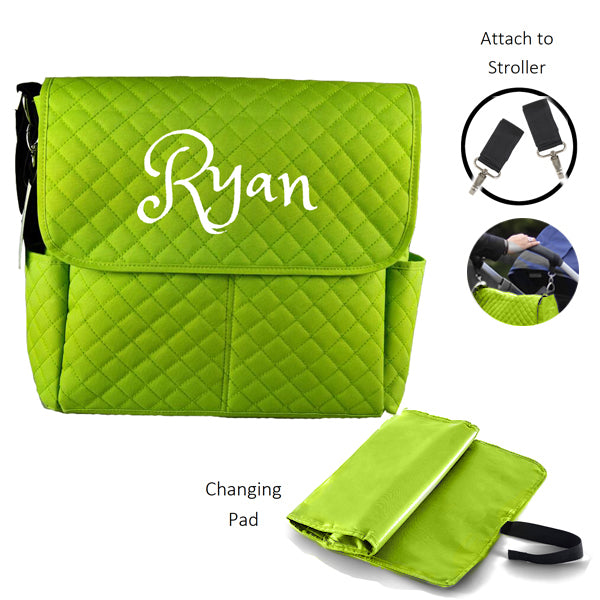 Personalized 3 in 1 Diaper Bag set - Quilted Messenger bag -Lime