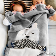 Personalized Knitted 100% Cotton Bear Blanket -Grey