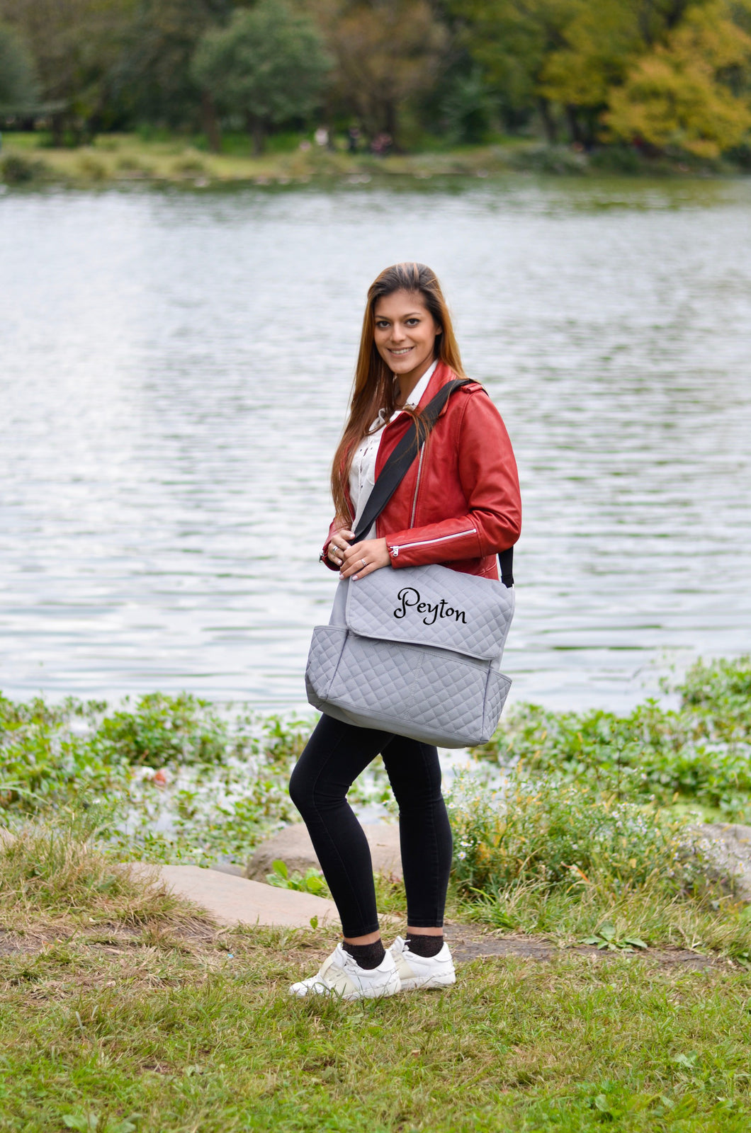 Personalized Hebrew Name 3 in 1 Diaper Bag set - Quilted Messenger bag - Grey