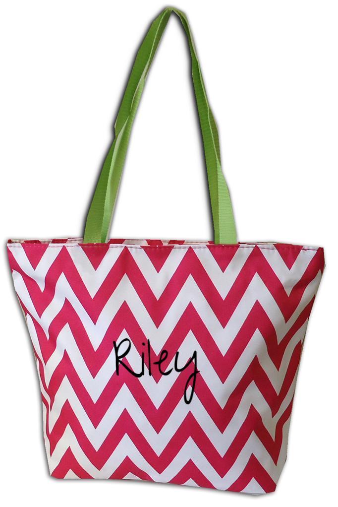 Personalized Hebrew Name Zippered Chevron Canvas Bag - Fuchsia with Lime - FREE Shipping